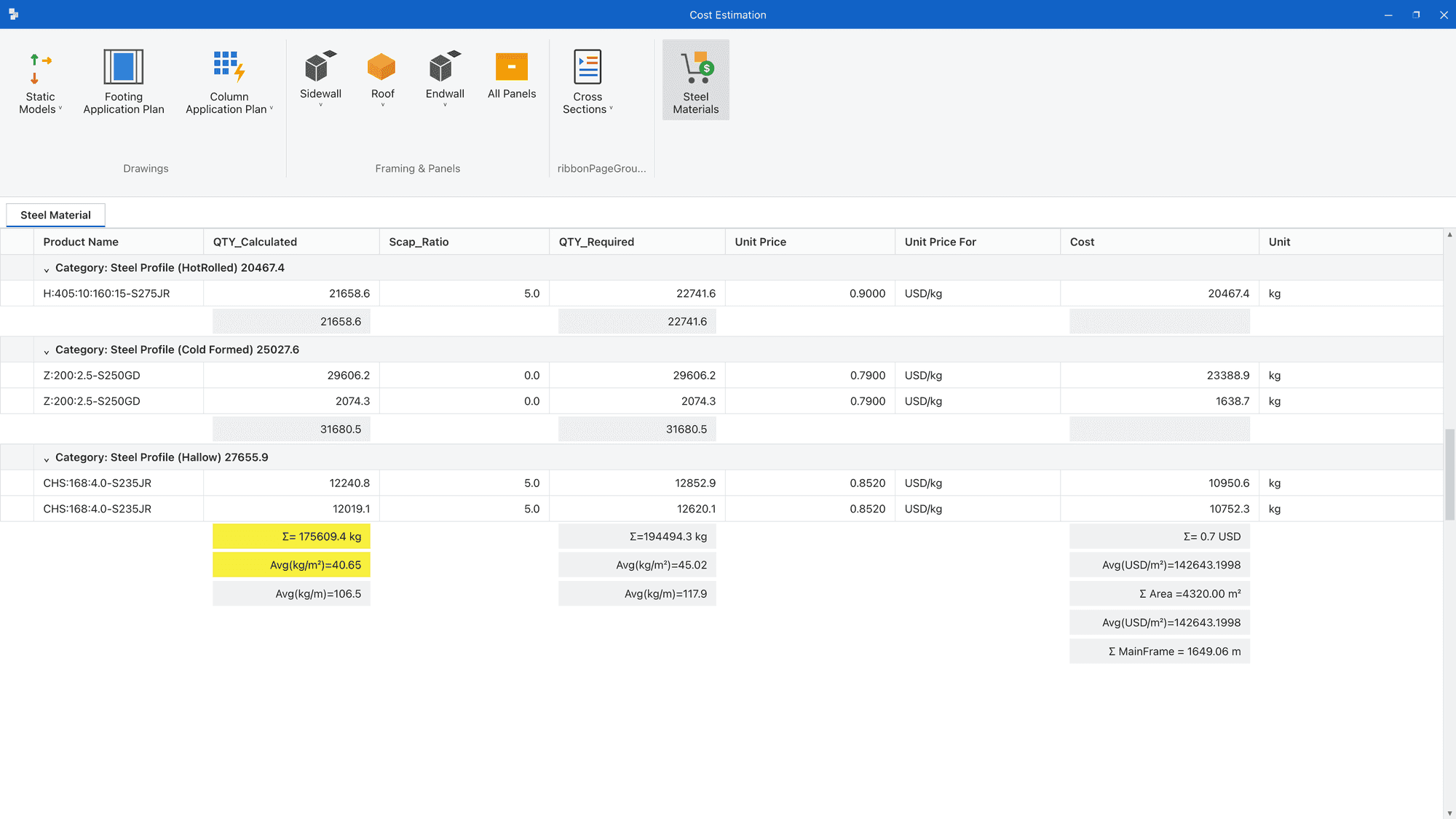 Bill of materials and cost estimate generated from a pre-engineered building model