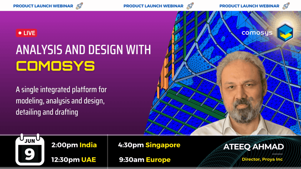 COMOSYS webinar announcement graphic for a session on analysis and design, over a finite element mesh of a steel structure