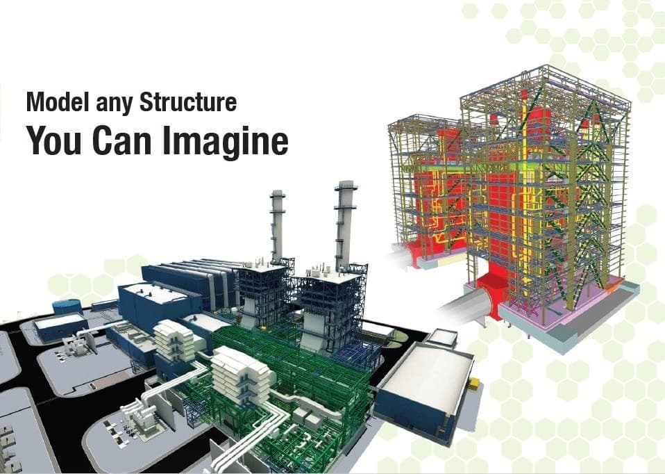 COMOSYS graphic showing 3D structural models of an industrial plant and a process structure