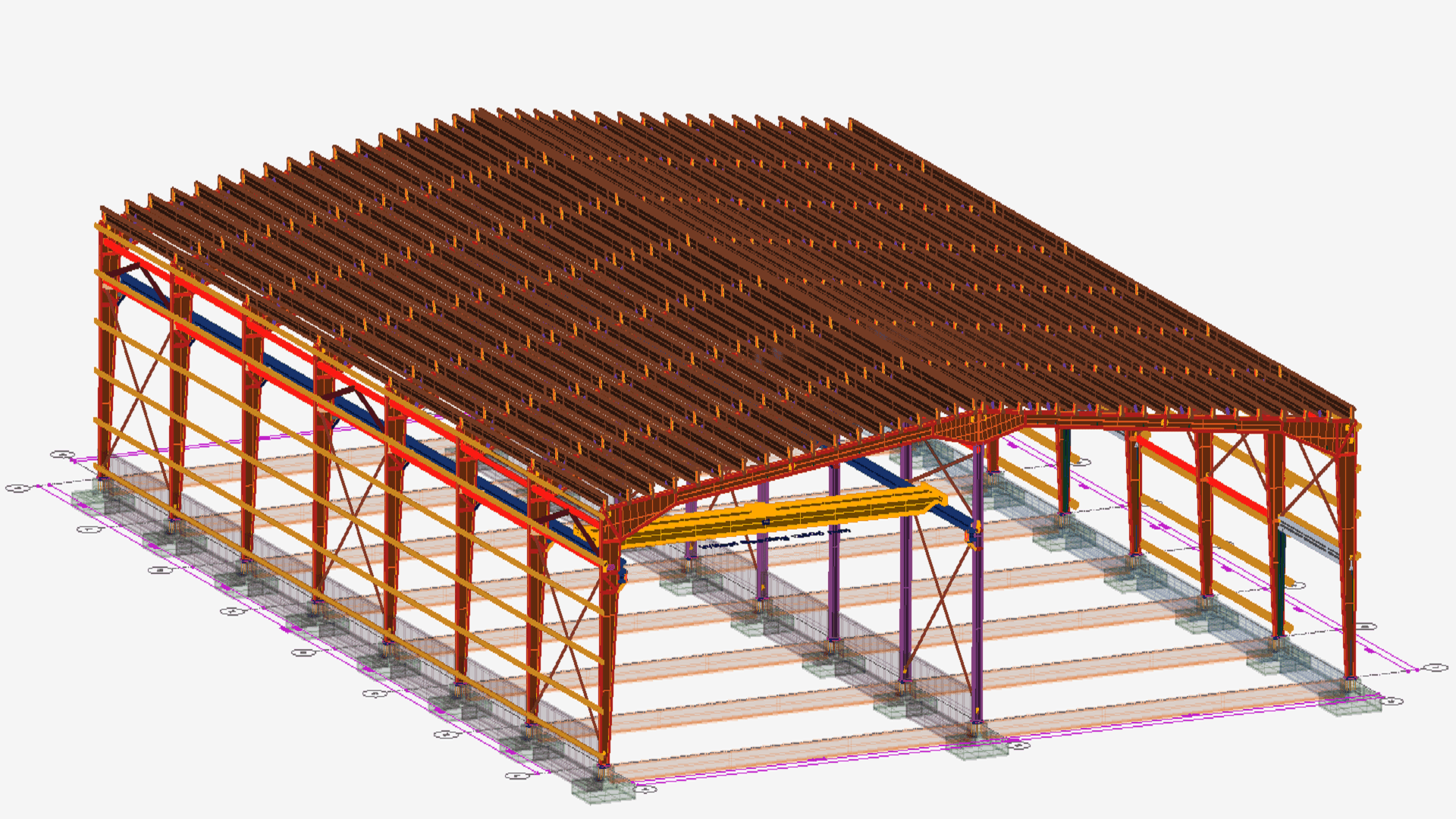 Clear span pre-engineered building frame modelled in 3D with open interior