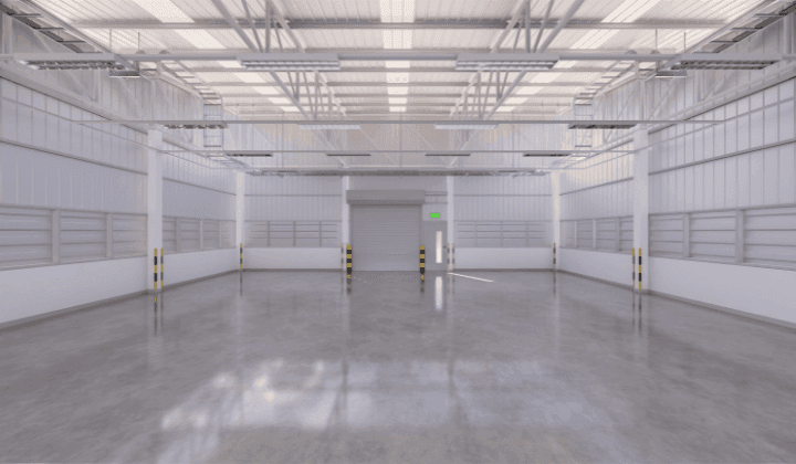 Interior of a pre-engineered steel warehouse with a large column-free clear span