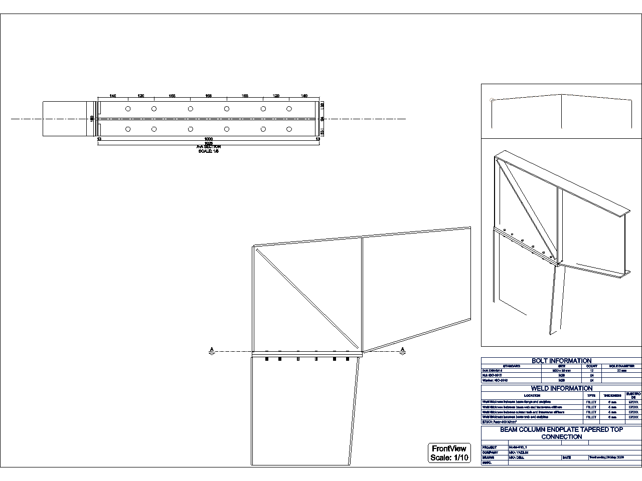 Tapered beam-to-column end plate connection detail drawing with bolt and weld schedules for a pre-engineered steel structure