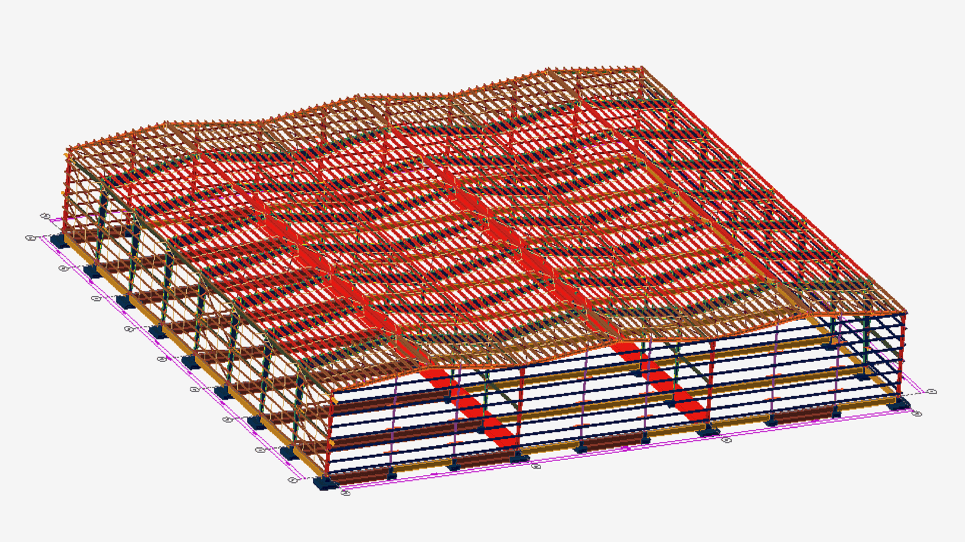 3D model of a large multi-span pre-engineered steel building with repeating gable frames, purlins and roof bracing
