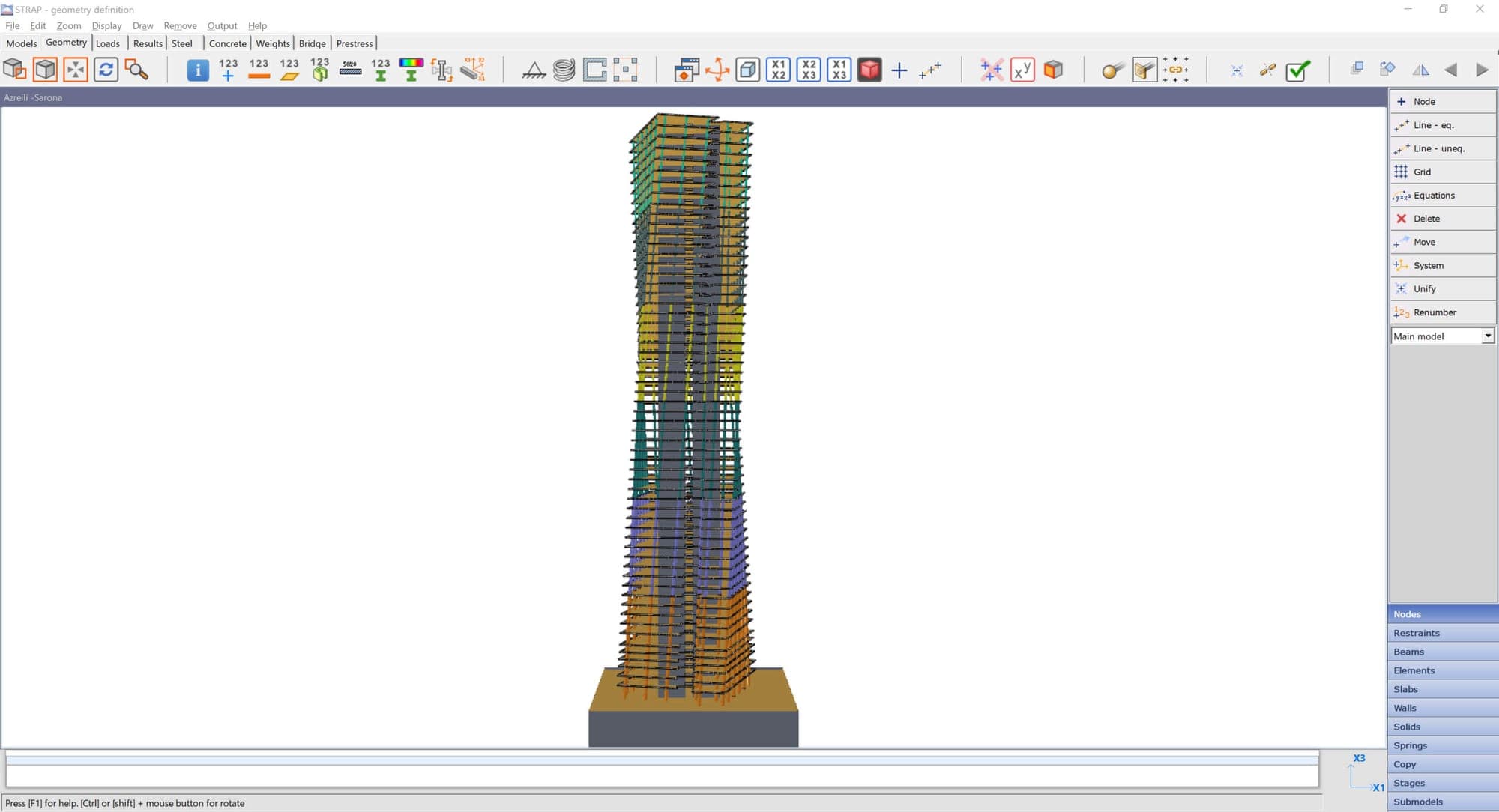 Finite element mesh of a complex structure showing node and element layout