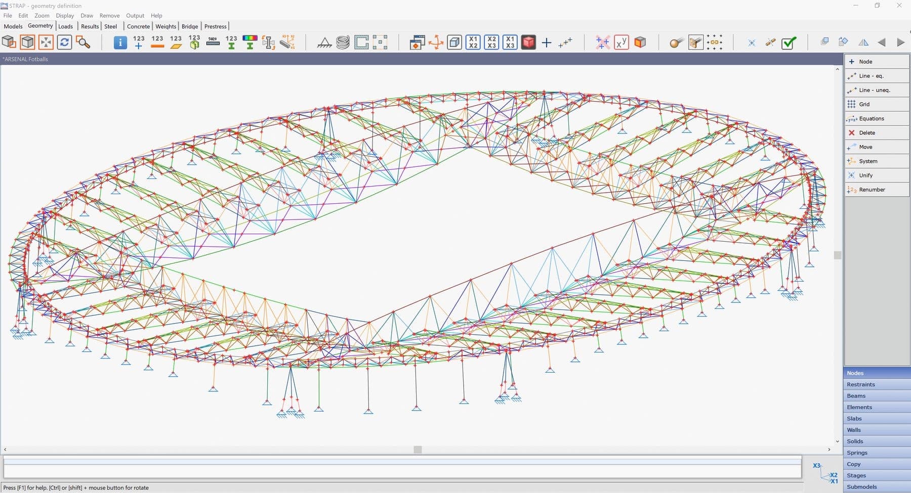 Three-dimensional space frame structural analysis model of a building