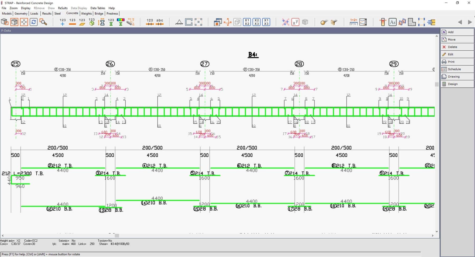 Reinforced concrete detailing screen in structural design software showing bar sizes and layout