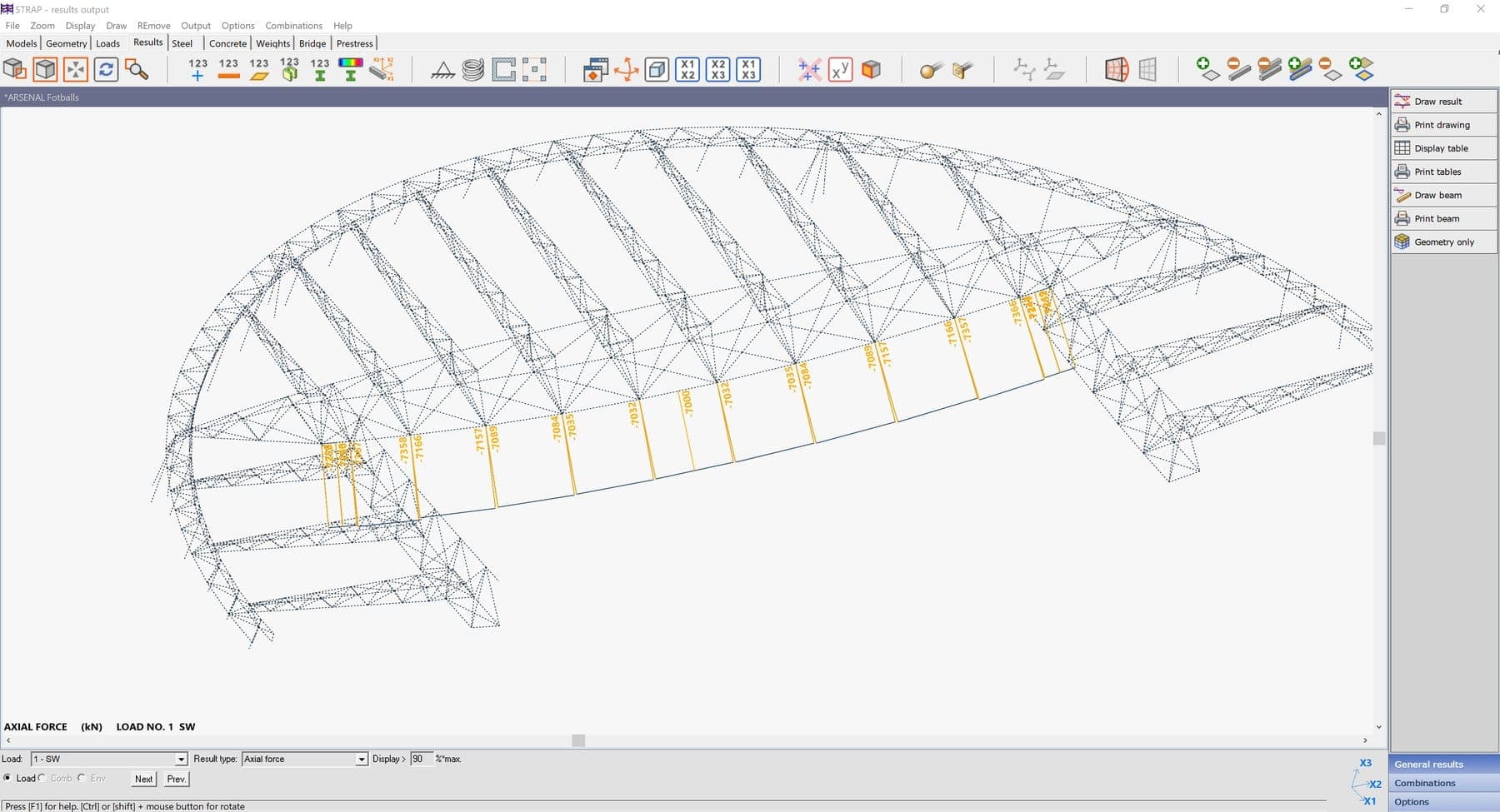Analysis results displayed on a curved structural finite element model