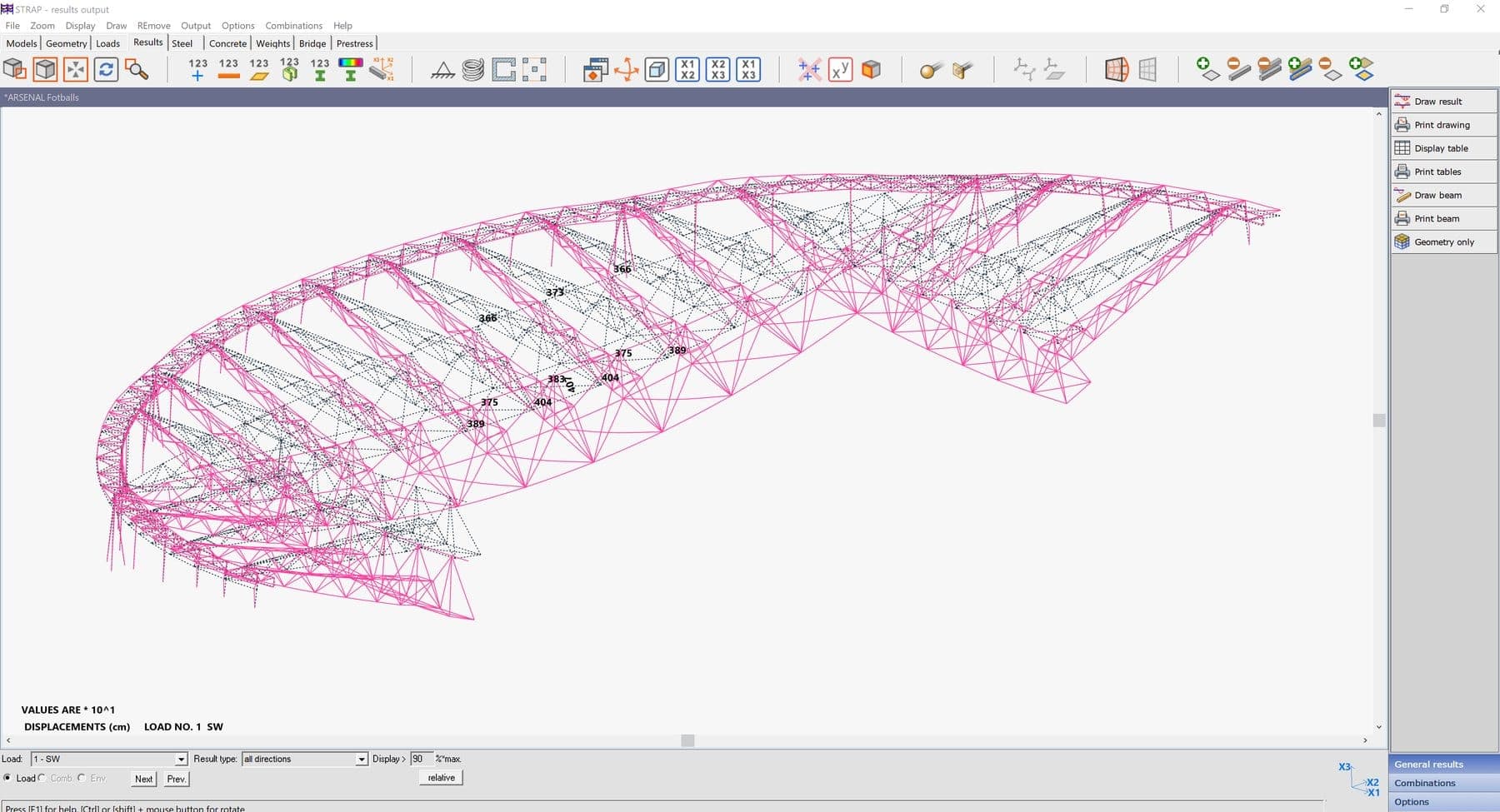 Stress results displayed on an analysed structural frame model