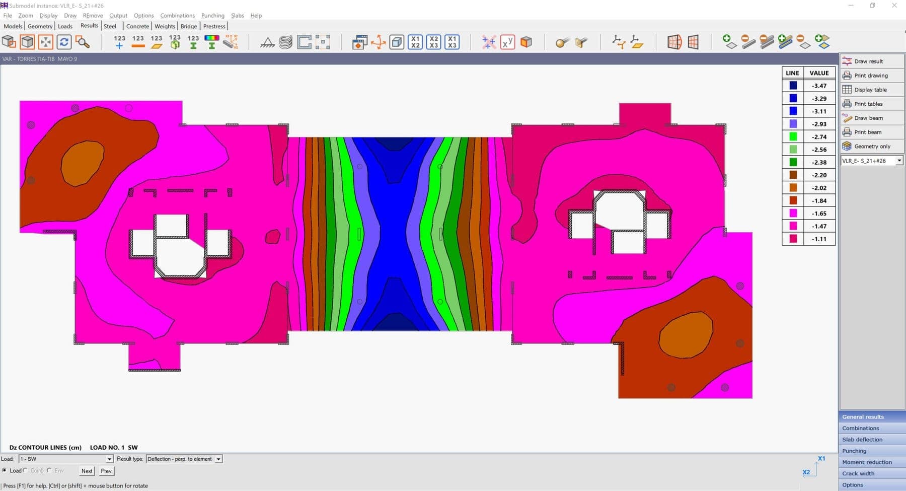 Finite element contour plot of deflection across a reinforced concrete floor slab