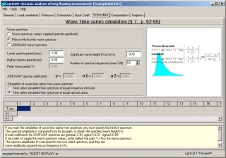 cgFLOAT — wave time-series simulation with Pierson-Moskowitz and JONSWAP spectrum options, significant wave height and peak period inputs