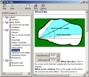cgWINDWAVES built-in help, defining wind direction and wind sector angle for a fetch-limited water body