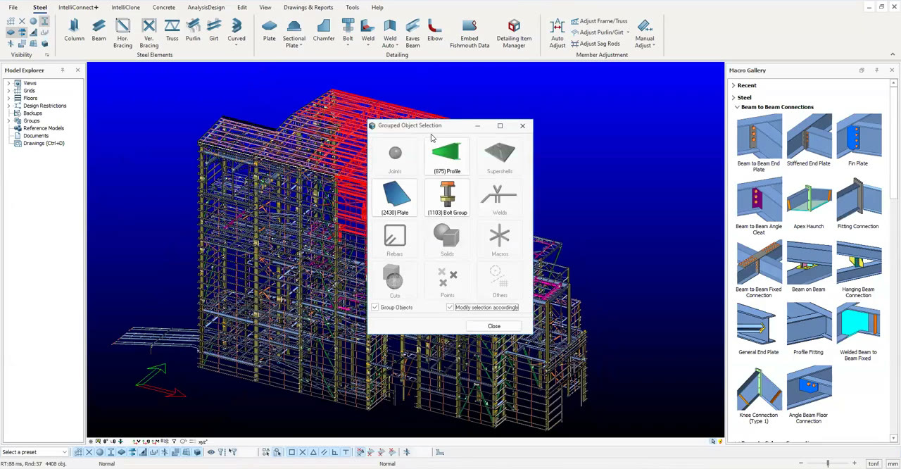 COMOSYS with the grouped-object filter open on a mill-building model — profiles, plates and bolt groups counted as groups