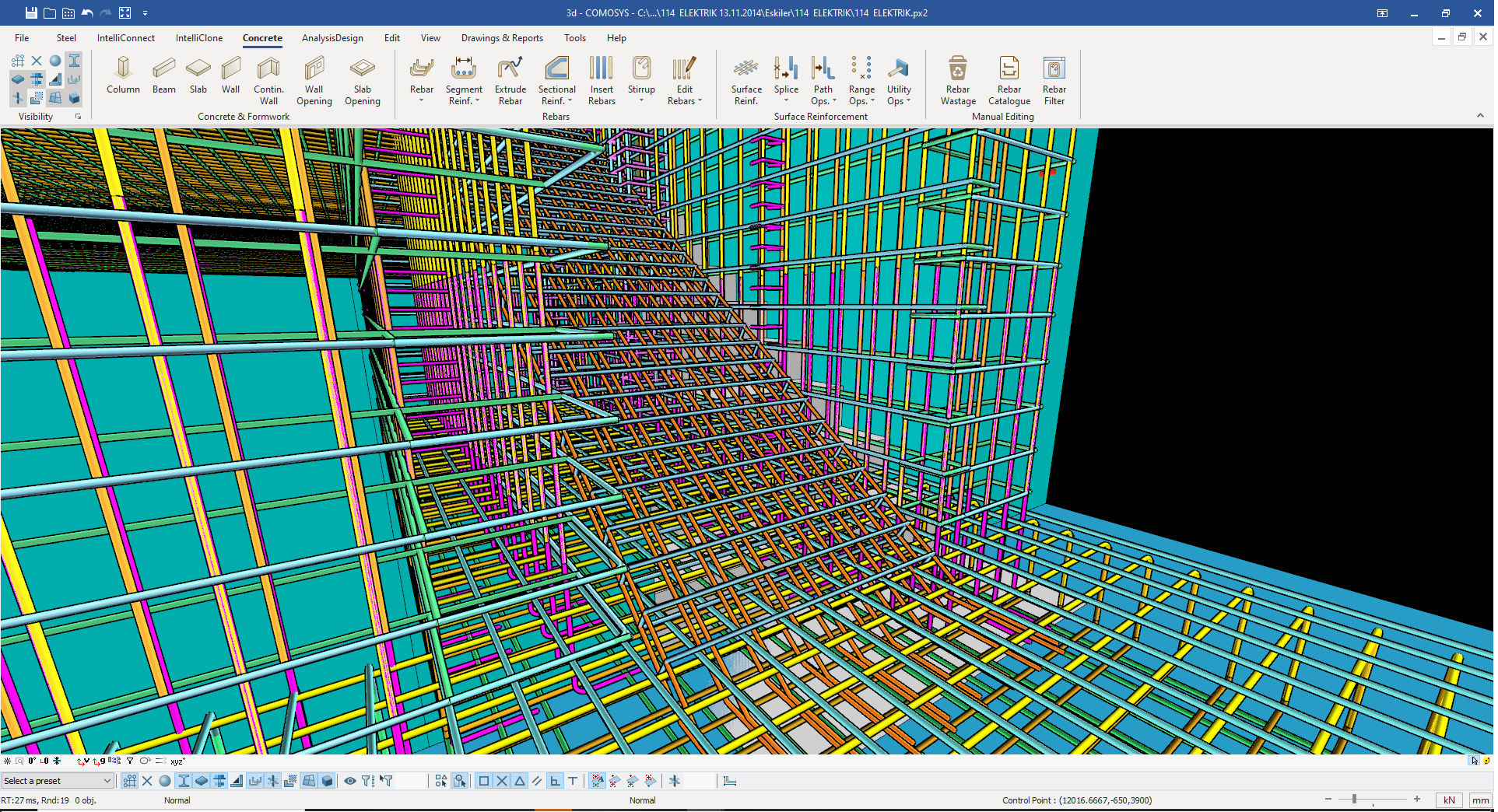 COMOSYS Concrete tab — dense 3D reinforcement modelled in a slab and walls