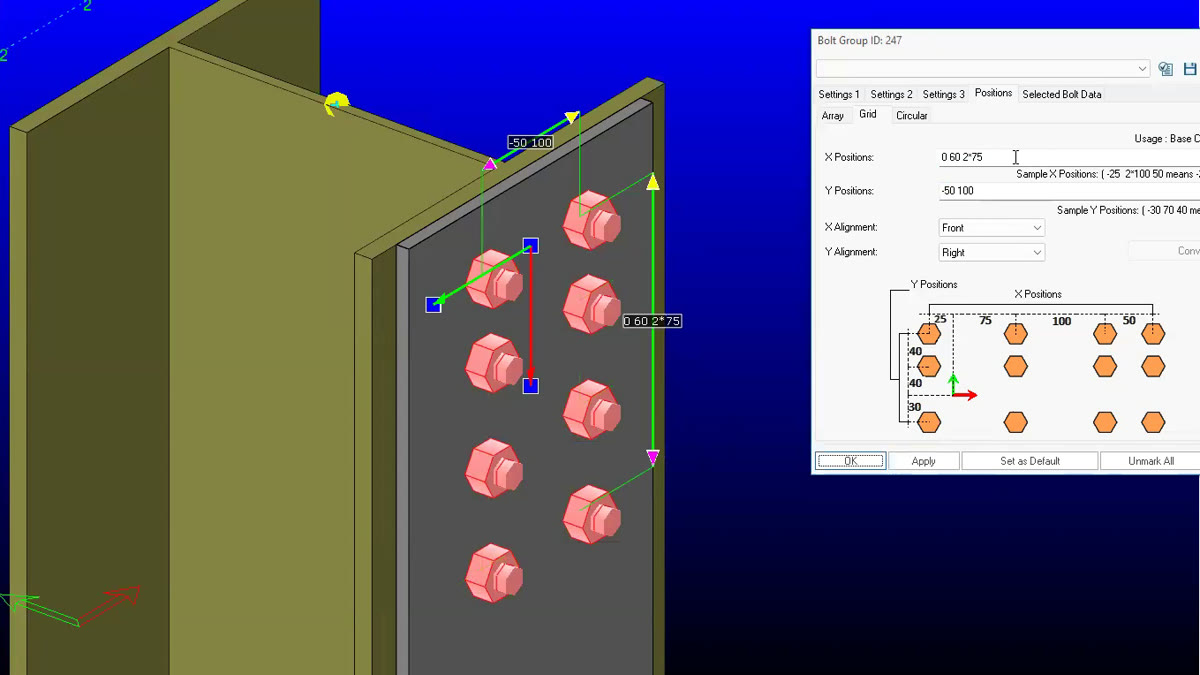 COMOSYS model — a column plate with its bolt-hole pattern set out