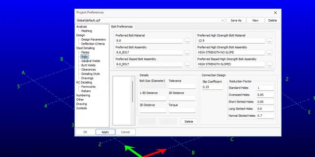Project preferences dialog — bolt distances and settings