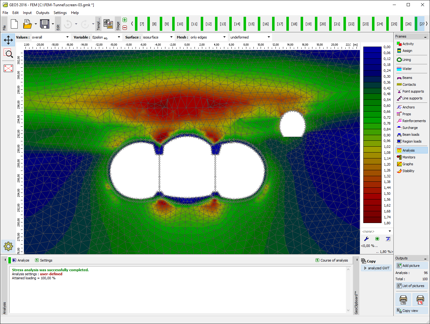 GEO5 FEM Tunnel — strain isosurfaces around a triple-vaulted metro station