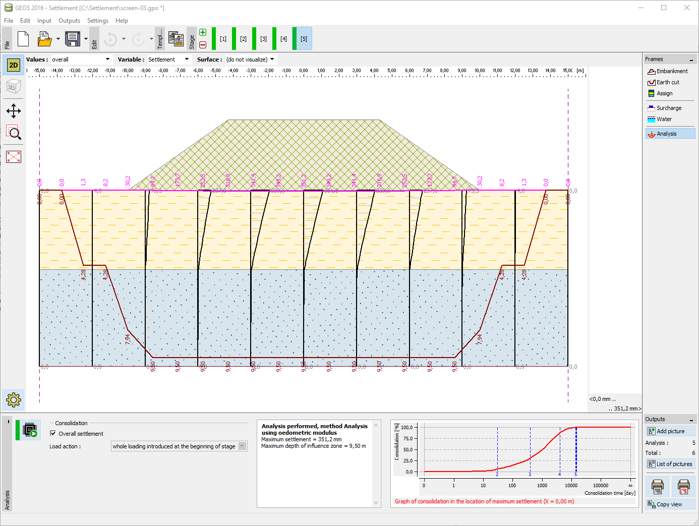 GEO5 Settlement — embankment consolidation analysis with time-settlement curve
