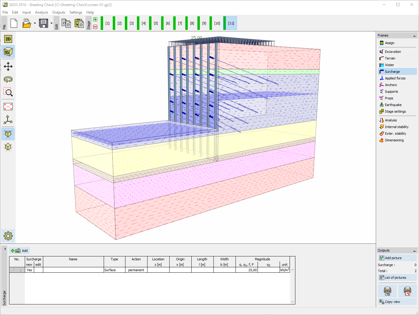 GEO5 Sheeting Check — 3D view of an anchored excavation wall with soil layers