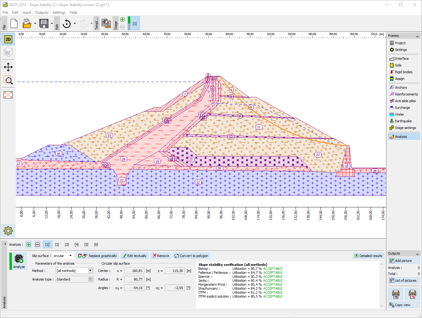 GEO5 Slope Stability — circular slip-surface analysis verified by eight methods