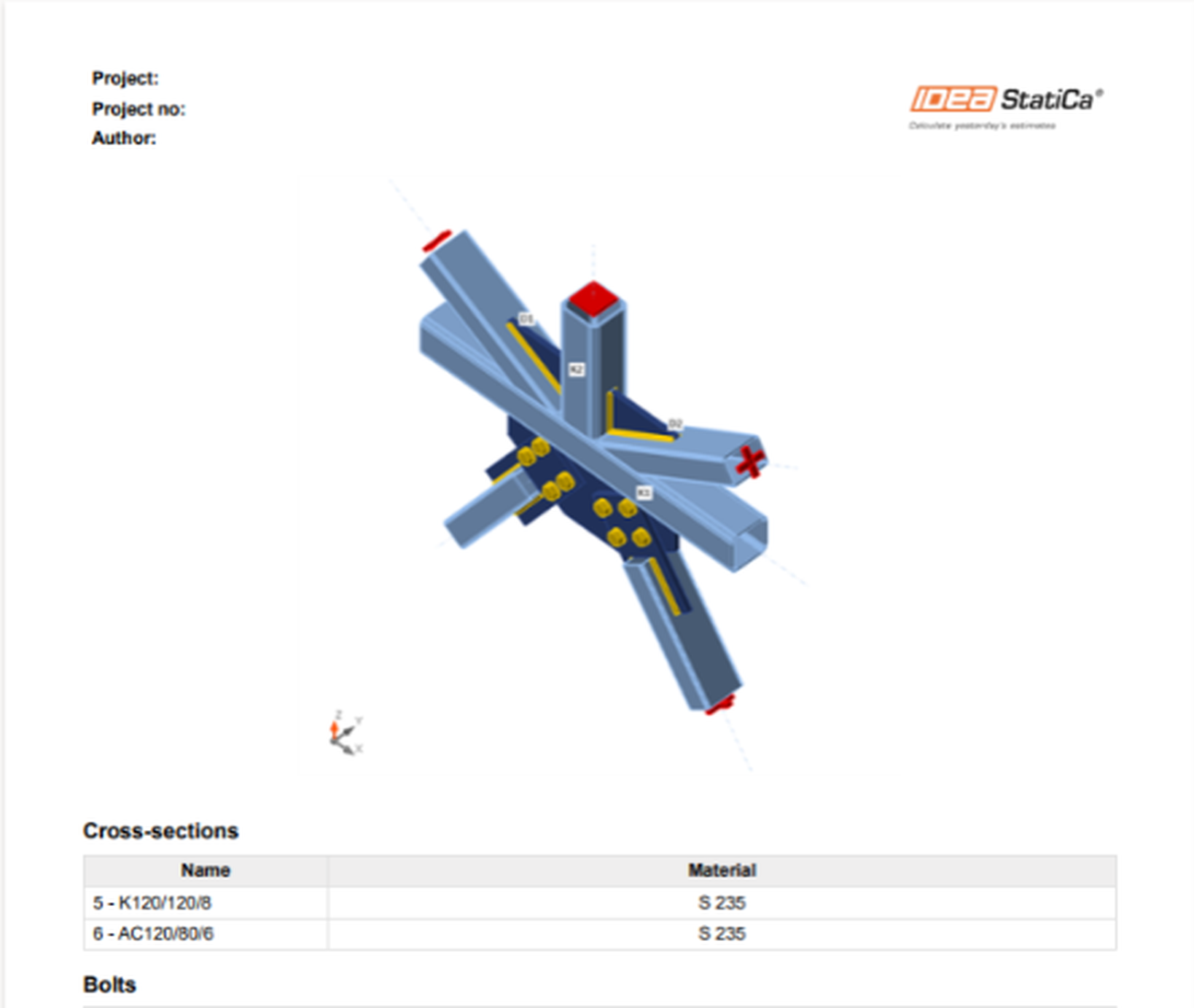 IDEA StatiCa code-check report — title block, 3D joint view and cross-sections