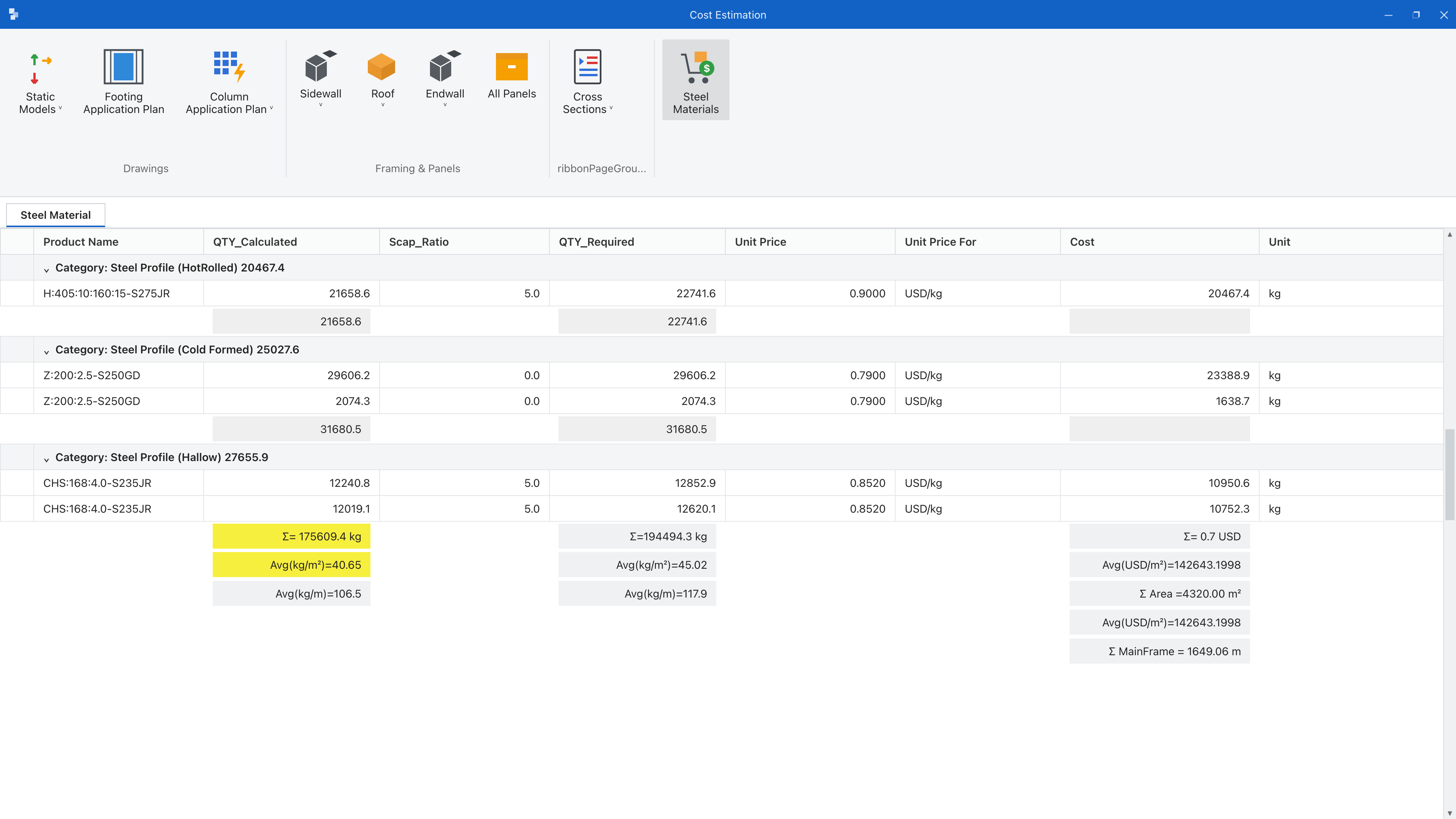 mkaPEB bill of materials and cost estimation output for a pre-engineered building