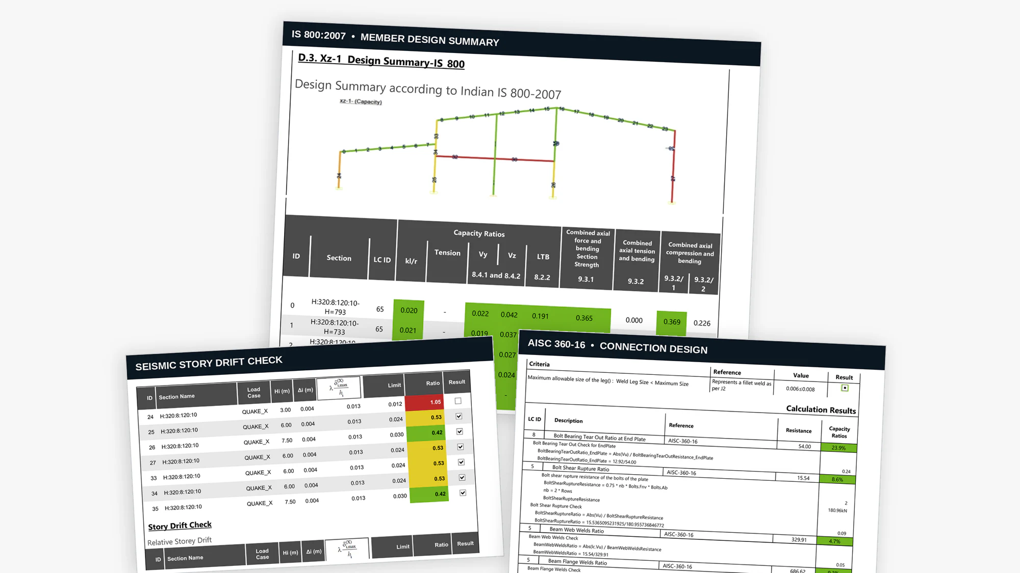 mkaPEB code-check output for the chosen section — IS 800:2007 member design summary, seismic storey drift check, and AISC 360-16 connection design