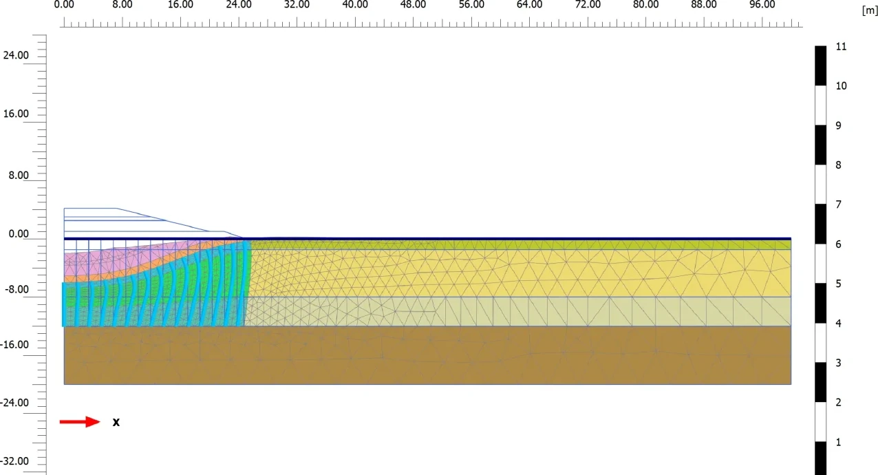 PLAXIS 2D Output — consolidation analysis, deformed mesh at 425 days