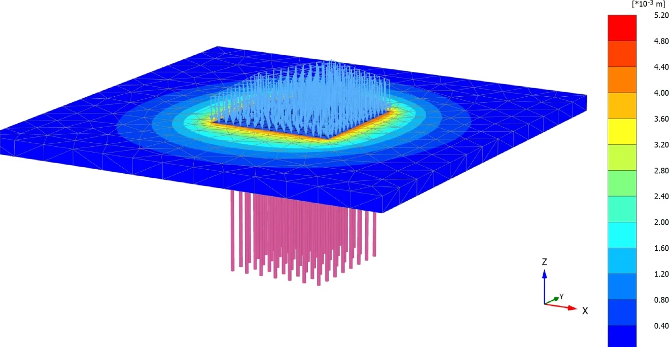 PLAXIS 3D Output — piled raft foundation, total displacement field