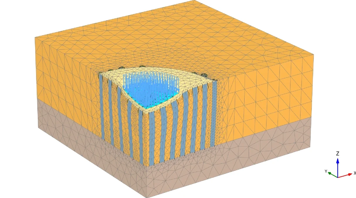 PLAXIS 3D Output — oil storage tank on piles, deformed mesh