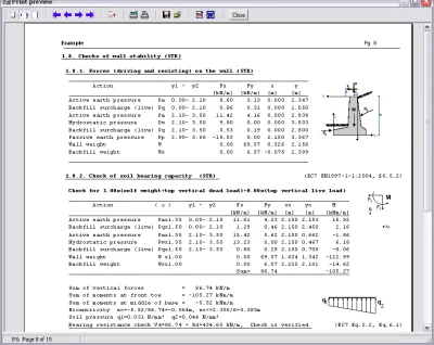 BETONexpress — print preview of a retaining wall stability report to EC7, tabulating driving and resisting earth-pressure actions and the soil bearing-capacity check