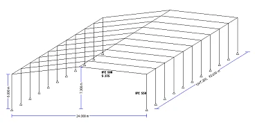 Steel Portal Frame EC3 — 3D wireframe of the designed frame with IPE 550 rafter and column members and overall dimensions