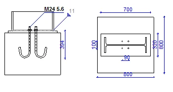 Steel Portal Frame EC3 — base plate and foundation detail with M24 grade 5.6 holding-down bolts over a 700 x 800 concrete pad
