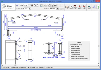 Steel Portal Frame EC3 structure drawing — a dimensioned steel portal frame with IPE 600 rafters and columns, with apex, eave and bolted base connection details called out
