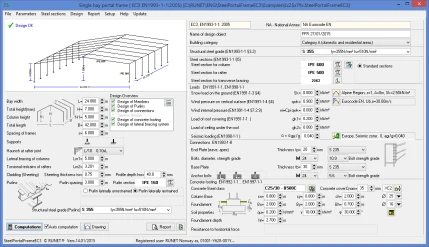 Steel Portal Frame EC3 main window — portal frame geometry preview beside the design-overview inputs for span, height and bay spacing