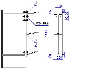 Steel Portal Frame EC3 — bolted eaves connection detail, dimensioned end plate with M24 grade 10.9 bolts