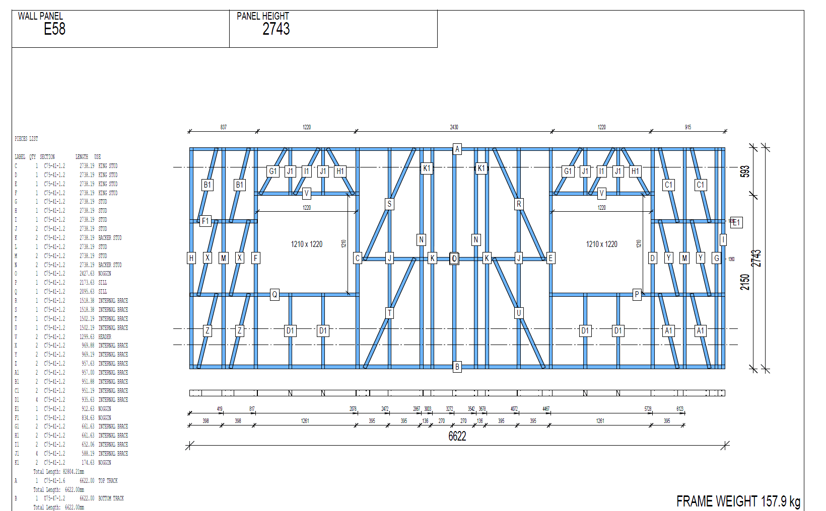 A wall-panel fabrication drawing: panel E58, 2743 mm high by 6622 mm long, every king stud, stud, noggin, sill and internal brace piece-marked, beside a pieces list of C75 and U75 cold-formed sections with cut lengths and a 157.9 kg frame weight
