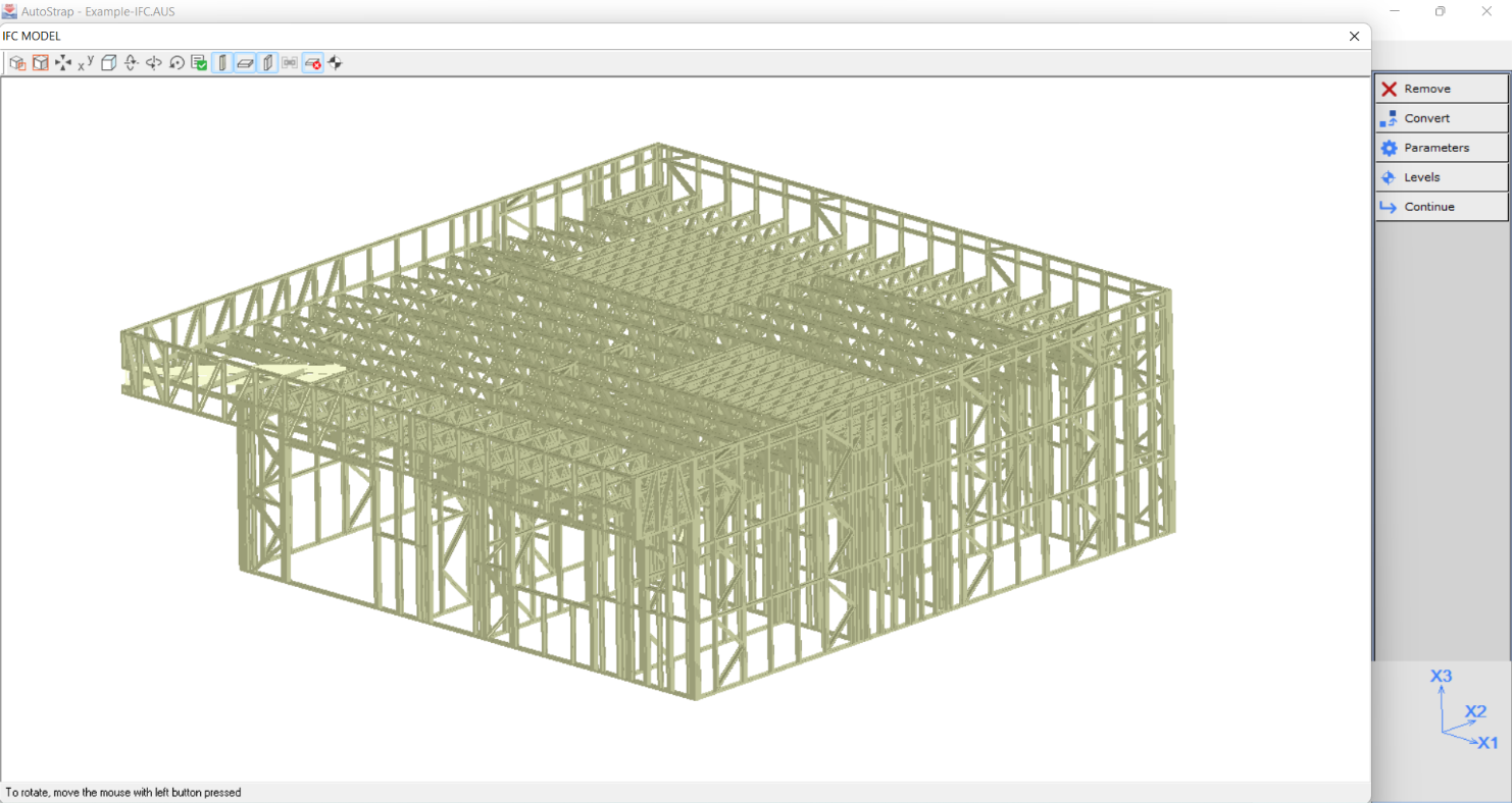 A light-gauge steel building imported into STRAP through AutoSTRAP's IFC pane, ready to convert to an analysis model