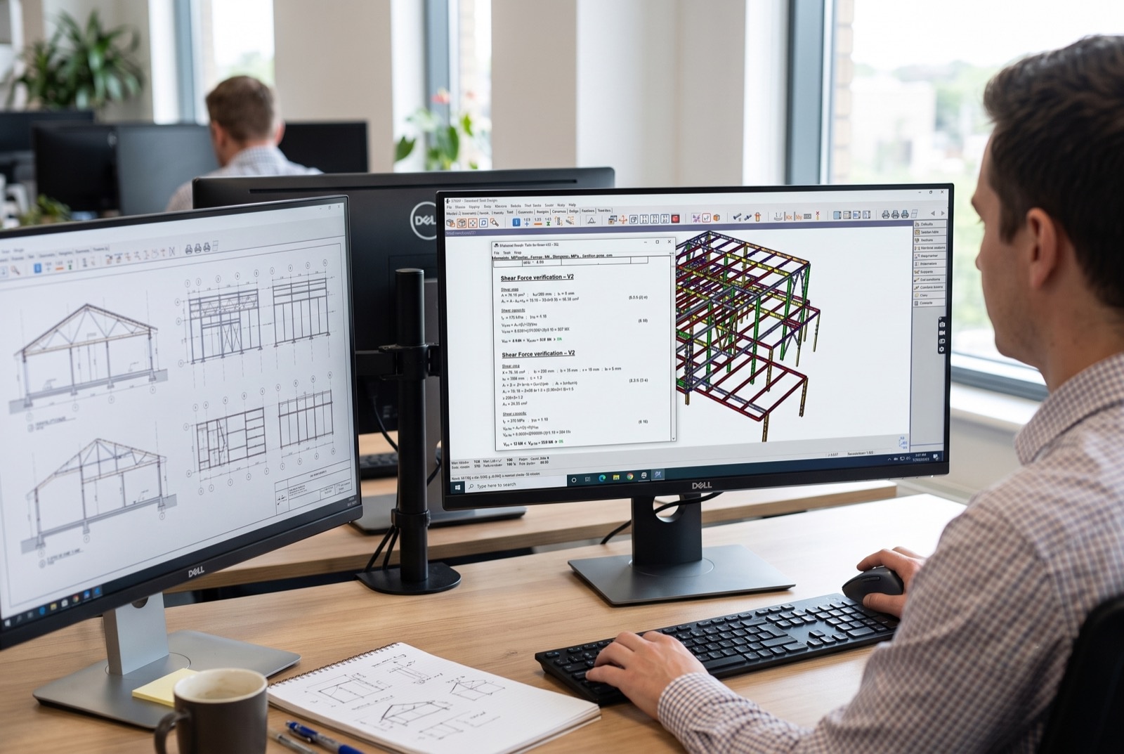 Structural engineer running a STRAP analysis of a light-gauge steel building frame