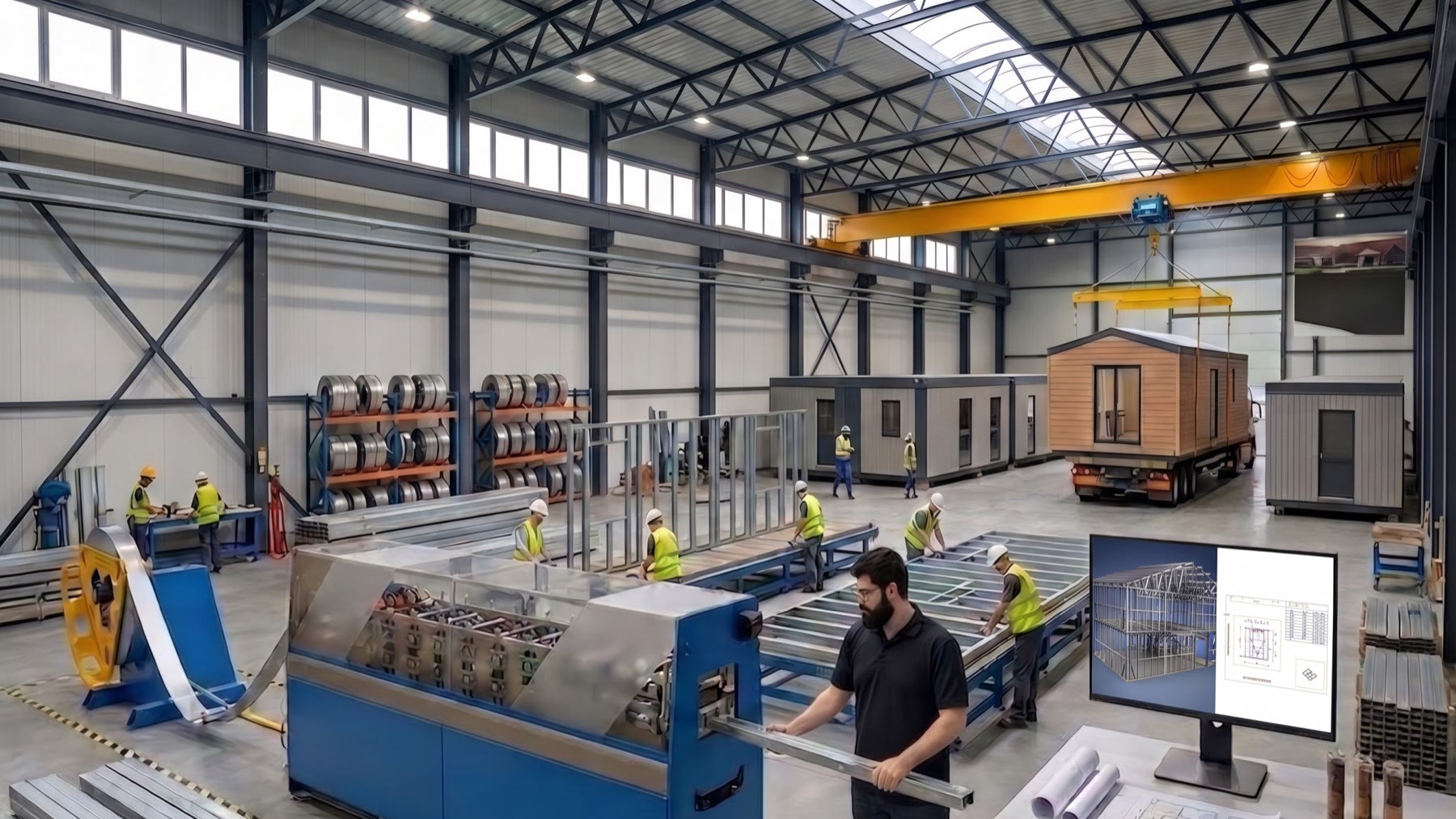 A light-gauge steel framing factory — coil stock feeding a roll-former, panels being assembled on the line, finished modular units craned onto a truck, and the Vertex BD model and panel drawing on the shop monitor