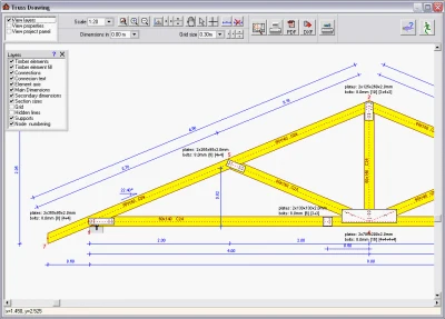 WOODexpress Truss Drawing view — a timber roof truss with dimension lines and per-member cross-section callouts such as 2x50x80x2mm