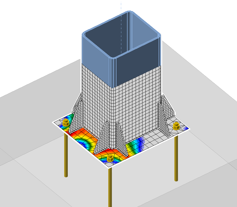 A steel column base-plate connection code-checked in IDEA StatiCa via CheckBot — CBFEM stress results
