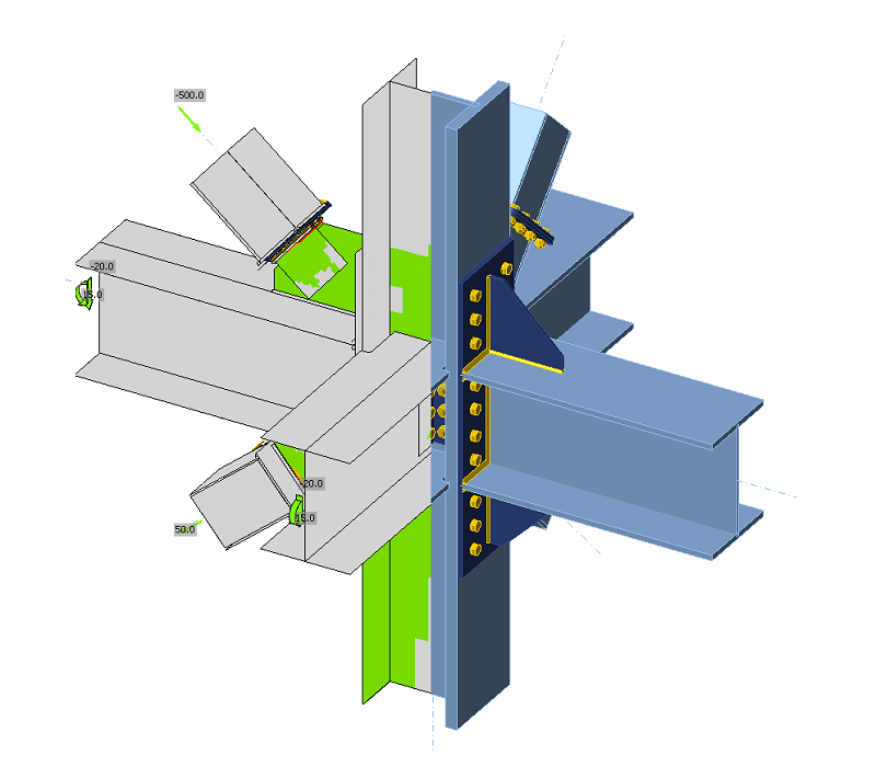 CBFEM model of a braced steel connection — plates, bolts and welds as real finite elements