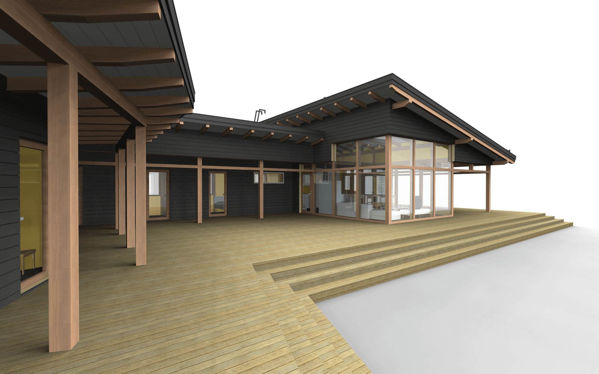 Vertex BD rendering — a timber-clad home with glazed corner and deck, materials and lighting rendered from the building model