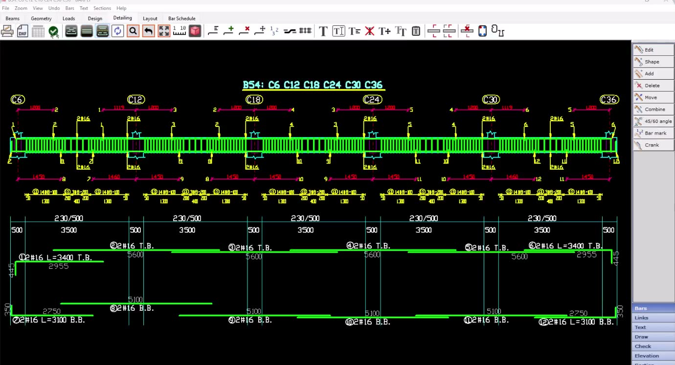Reinforced-concrete beam detailing sheet generated by STRAP in BeamD, with rebar callouts and dimensions