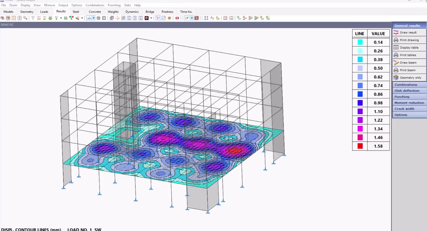 Displacement contour map drawn on a slab straight from the STRAP results output