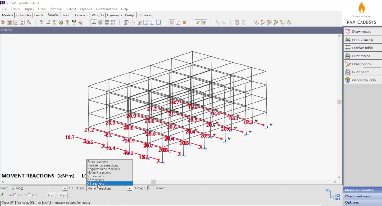 Member moment diagrams read live from the STRAP analysis model — the forces the steel design module checks against