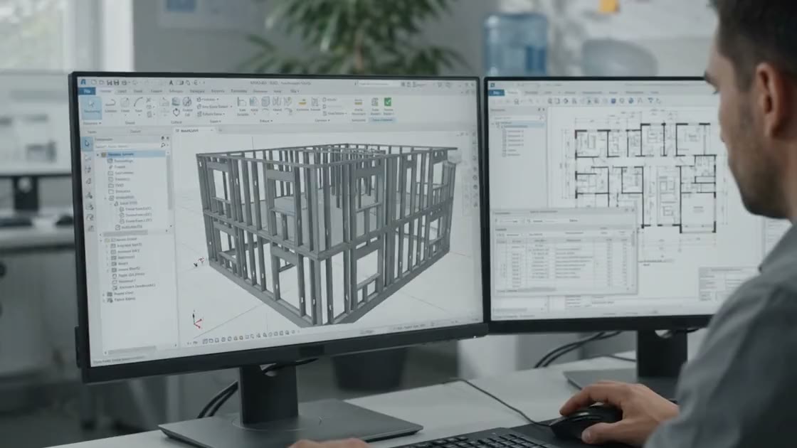 Engineer at a workstation with the 3D light-gauge steel framing model on screen